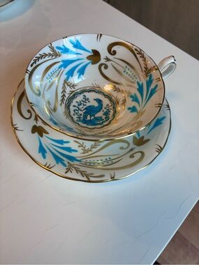 Royal Chelsea Blue & Gold Peacock Teacup and Saucer